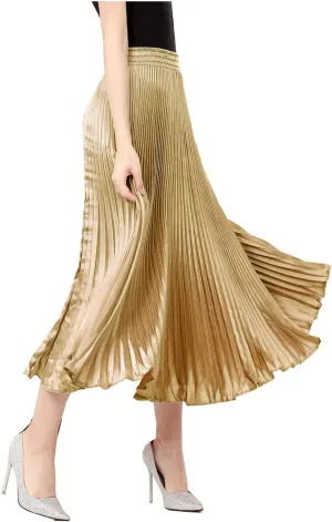 TONCHENGSD Women's Satin Metallic Pleated Accordion Long Maxi Skirt
