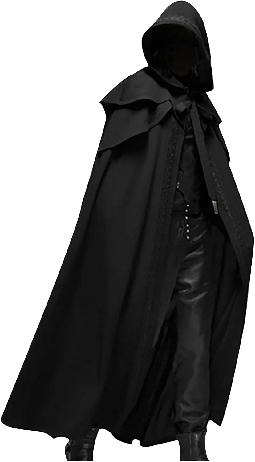 tuduoms Unisex Men's Medieval Hooded Cloak Black Cape Halloween Cosplay Costume Knight Tunic Cloak Witch Vampire Priate Cape