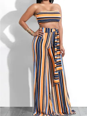 Two Piece Outfits Stripe Bandeau Top Wide Leg Pants Sets