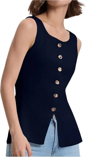 Verdusa Women's Button Front Blazer Rib Knitted Vest Scoop Neck Slit Sleeveless Top