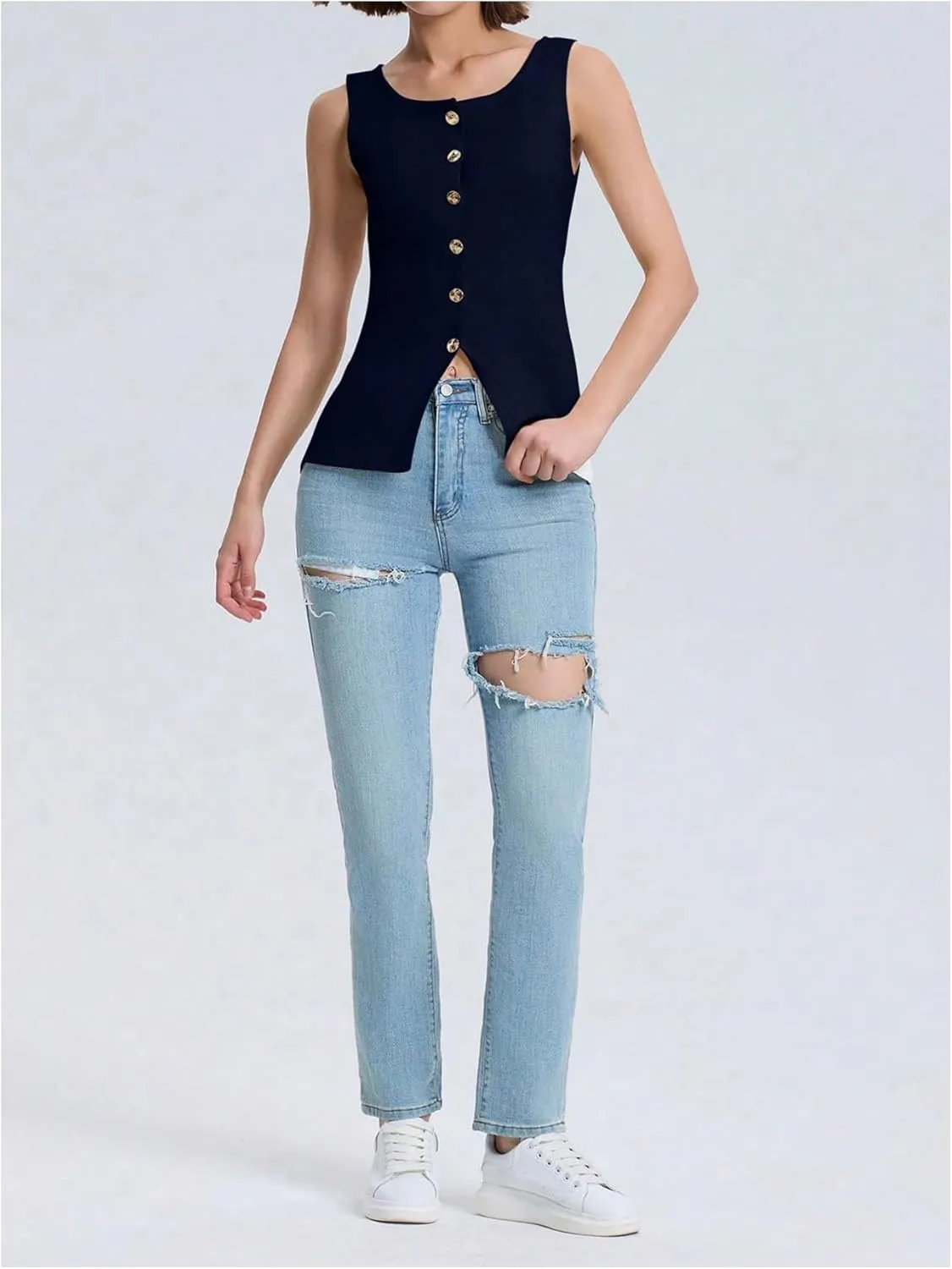 Verdusa Women's Button Front Blazer Rib Knitted Vest Scoop Neck Slit Sleeveless Top
