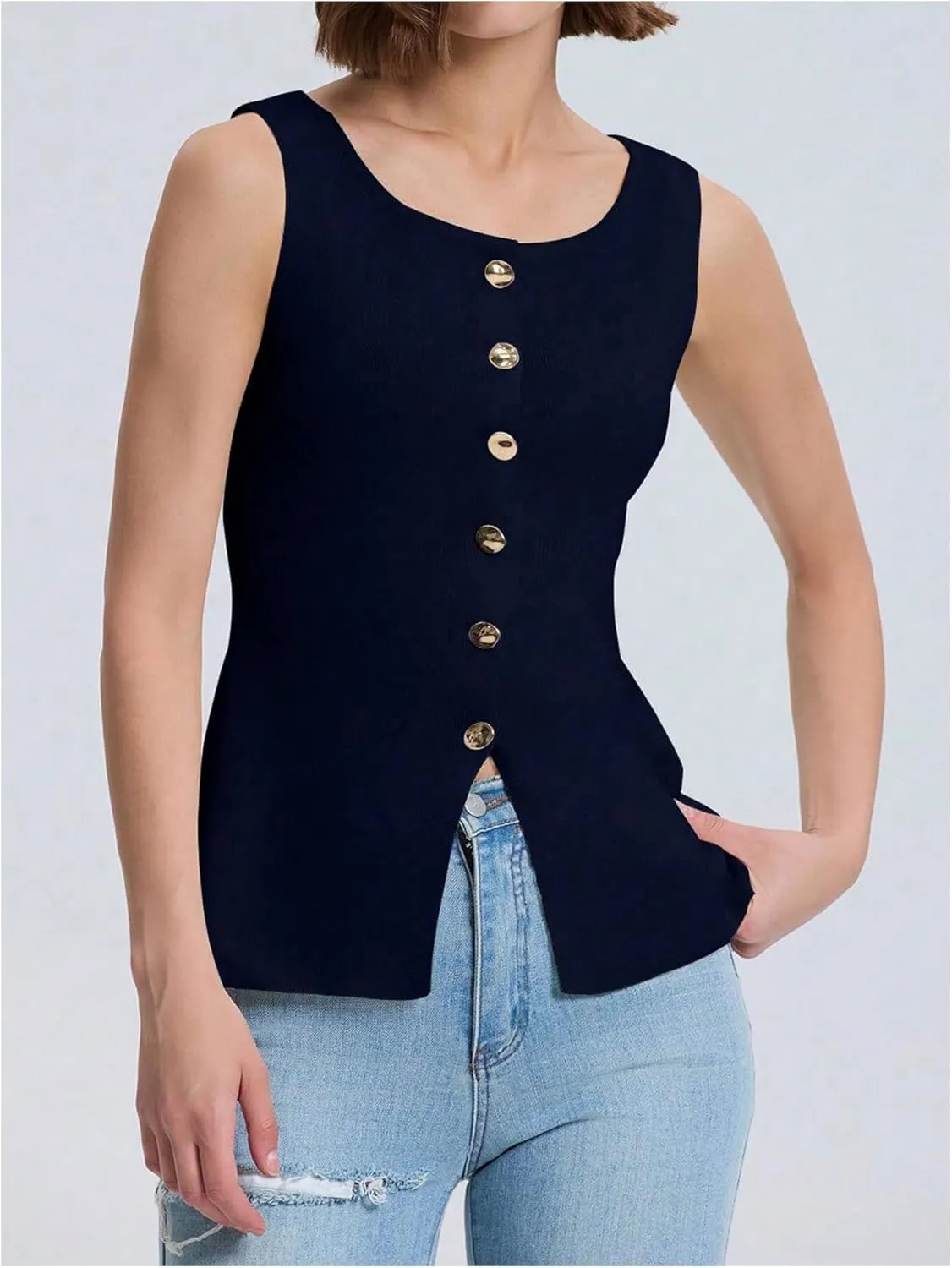 Verdusa Women's Button Front Blazer Rib Knitted Vest Scoop Neck Slit Sleeveless Top