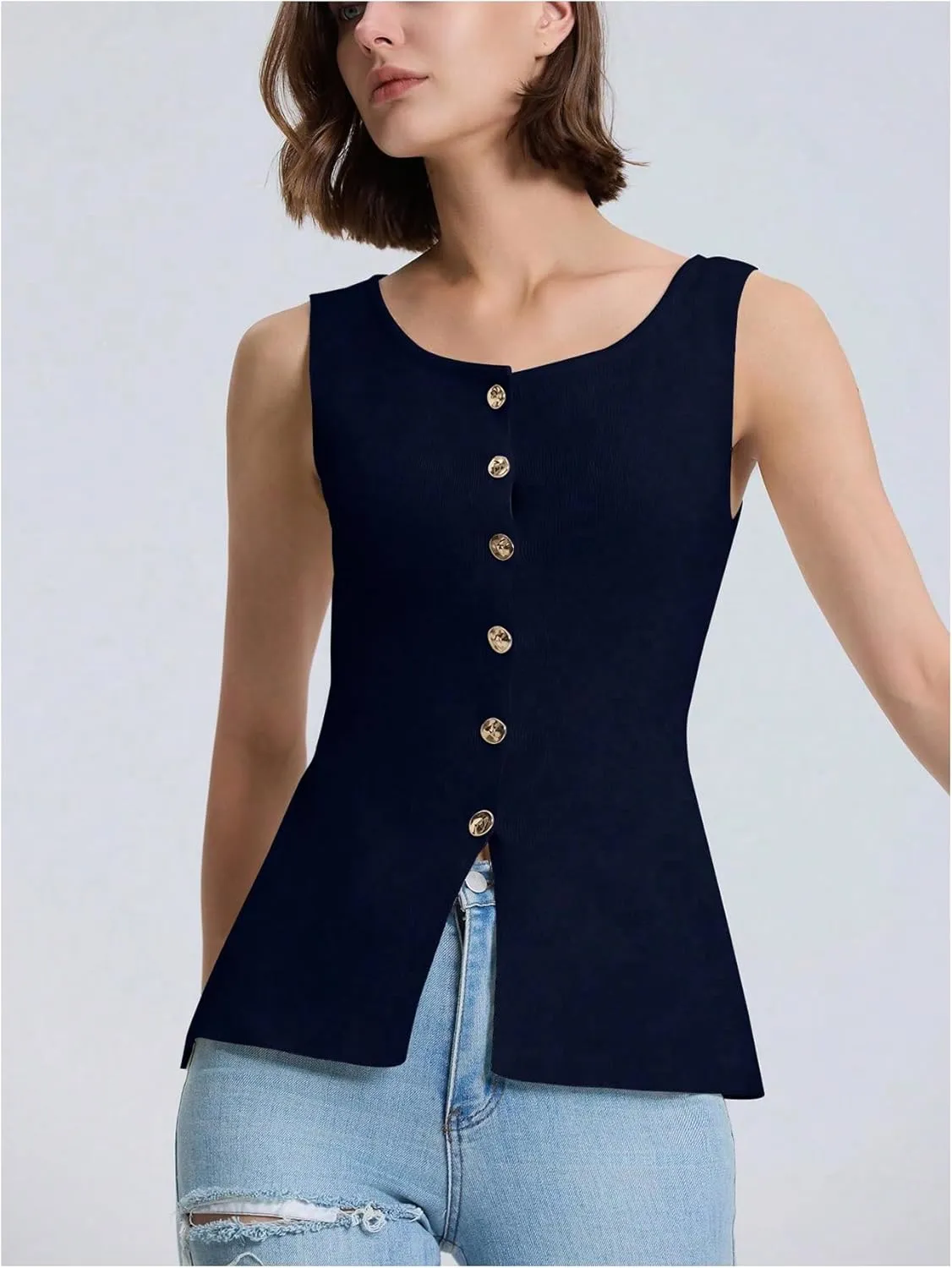 Verdusa Women's Button Front Blazer Rib Knitted Vest Scoop Neck Slit Sleeveless Top