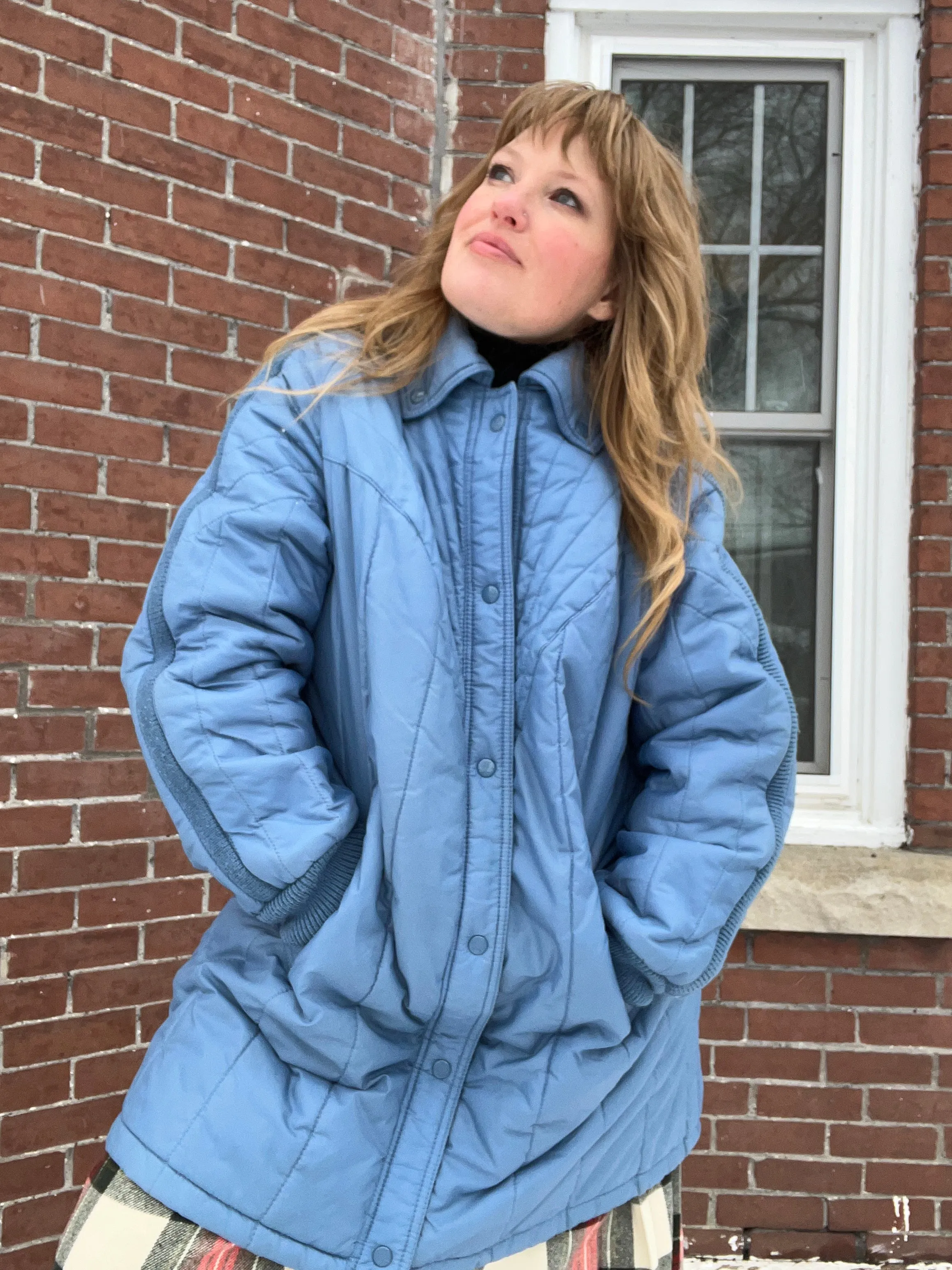 Vintage 70's Nylon Powder Blue Chevron Quilted Coat (2XL)