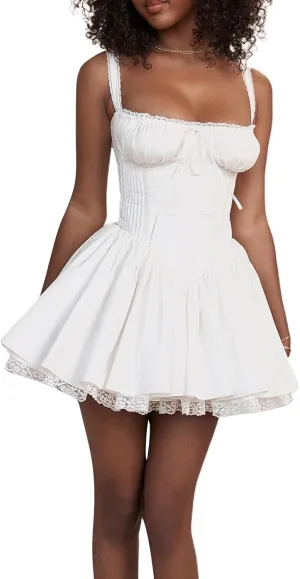 White Dress for Women Ruffle A Line Flowy Graduation Short Dress Cute Sweet Party Beach Y2K Mini Dresses Clubwear