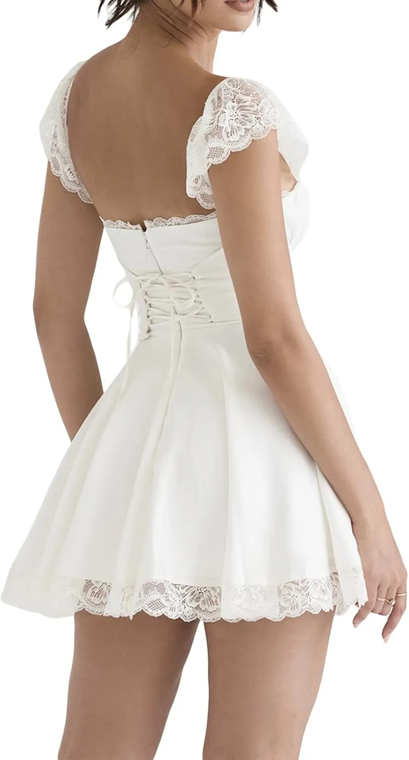 White Dress for Women Ruffle A Line Flowy Graduation Short Dress Cute Sweet Party Beach Y2K Mini Dresses Clubwear