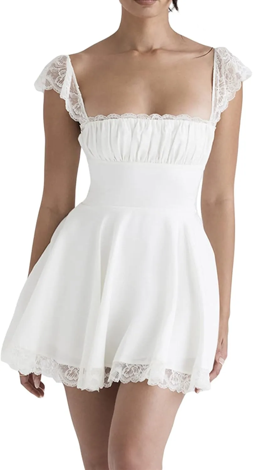 White Dress for Women Ruffle A Line Flowy Graduation Short Dress Cute Sweet Party Beach Y2K Mini Dresses Clubwear