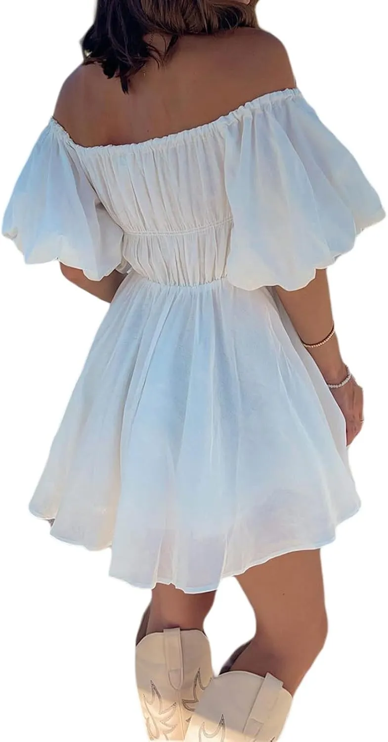 White Dress for Women Ruffle A Line Flowy Graduation Short Dress Cute Sweet Party Beach Y2K Mini Dresses Clubwear