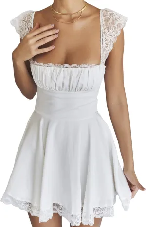 White Dress for Women Ruffle A Line Flowy Graduation Short Dress Cute Sweet Party Beach Y2K Mini Dresses Clubwear
