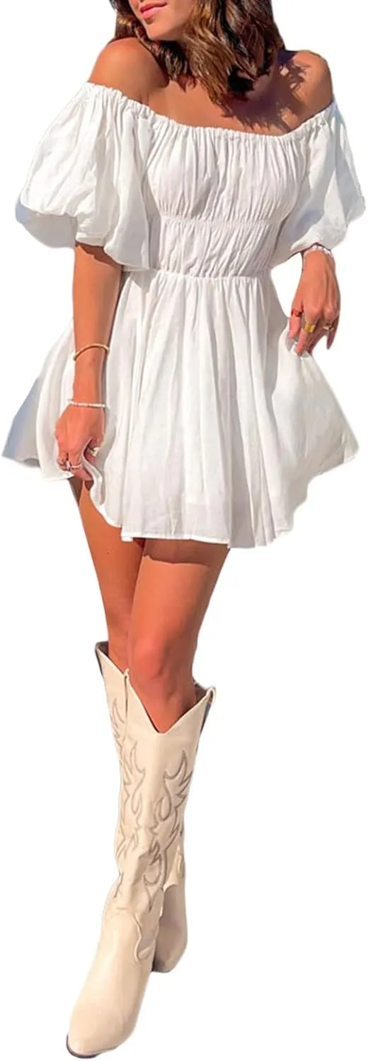 White Dress for Women Ruffle A Line Flowy Graduation Short Dress Cute Sweet Party Beach Y2K Mini Dresses Clubwear