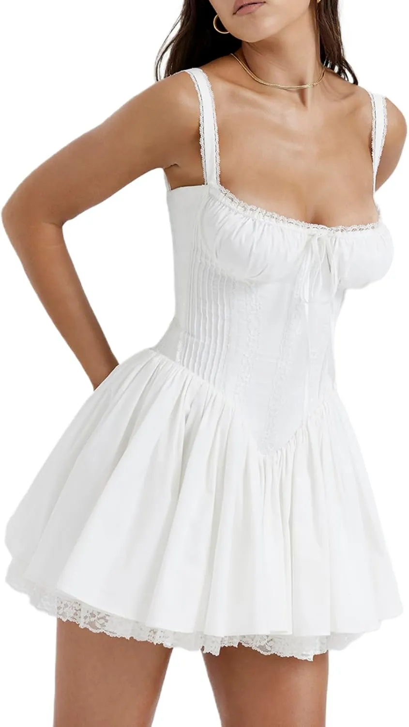 White Dress for Women Ruffle A Line Flowy Graduation Short Dress Cute Sweet Party Beach Y2K Mini Dresses Clubwear