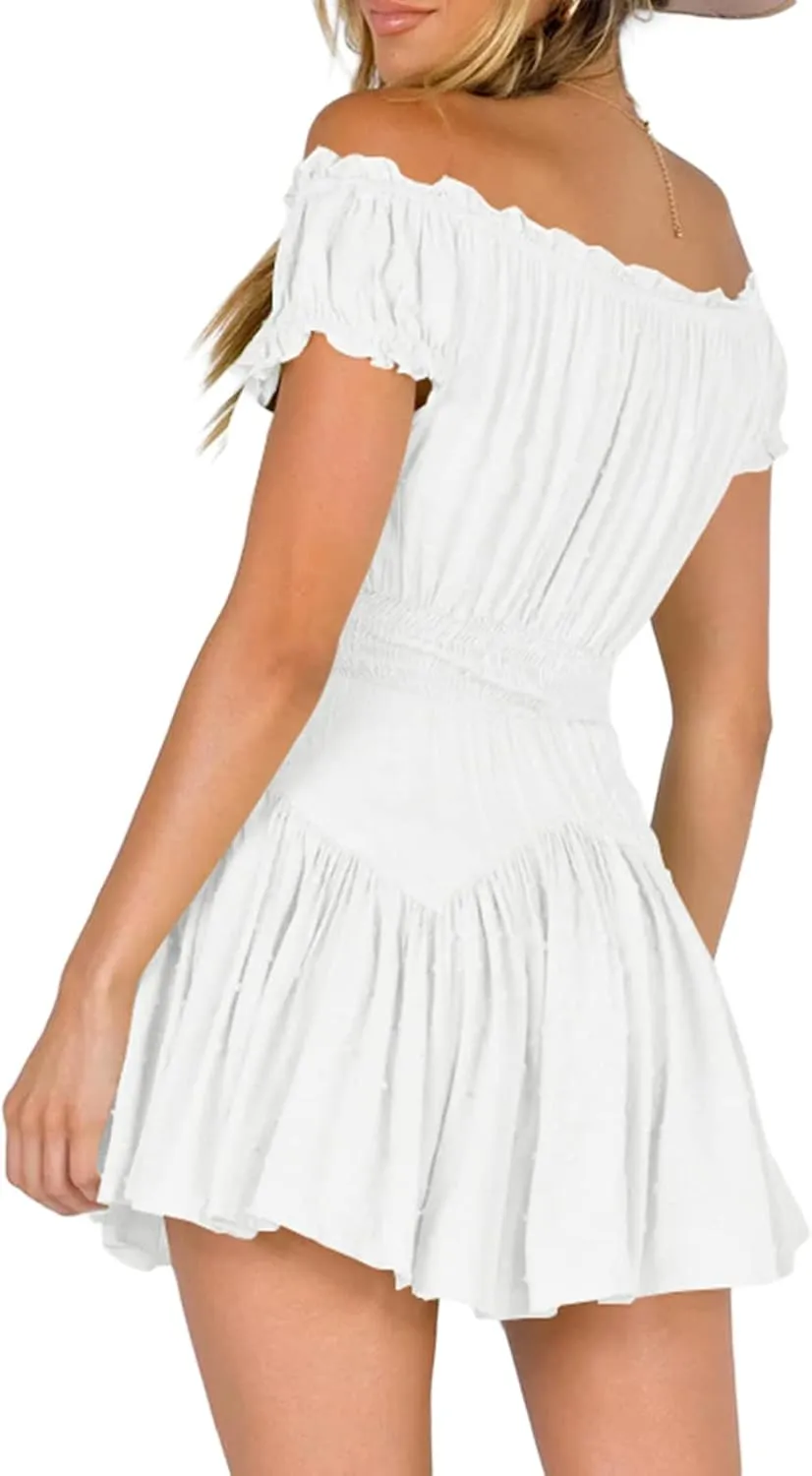 White Dress for Women Ruffle A Line Flowy Graduation Short Dress Cute Sweet Party Beach Y2K Mini Dresses Clubwear