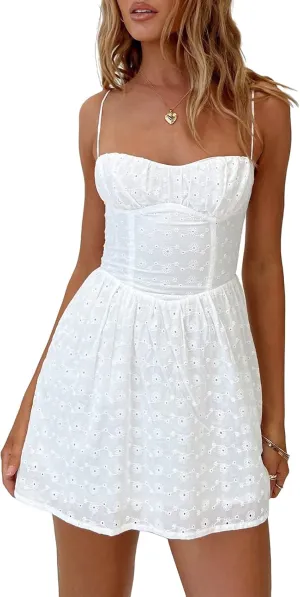 White Dress for Women Ruffle A Line Flowy Graduation Short Dress Cute Sweet Party Beach Y2K Mini Dresses Clubwear