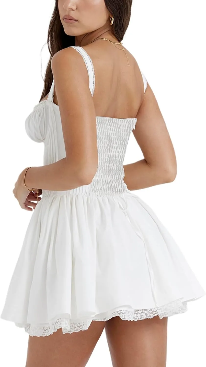 White Dress for Women Ruffle A Line Flowy Graduation Short Dress Cute Sweet Party Beach Y2K Mini Dresses Clubwear