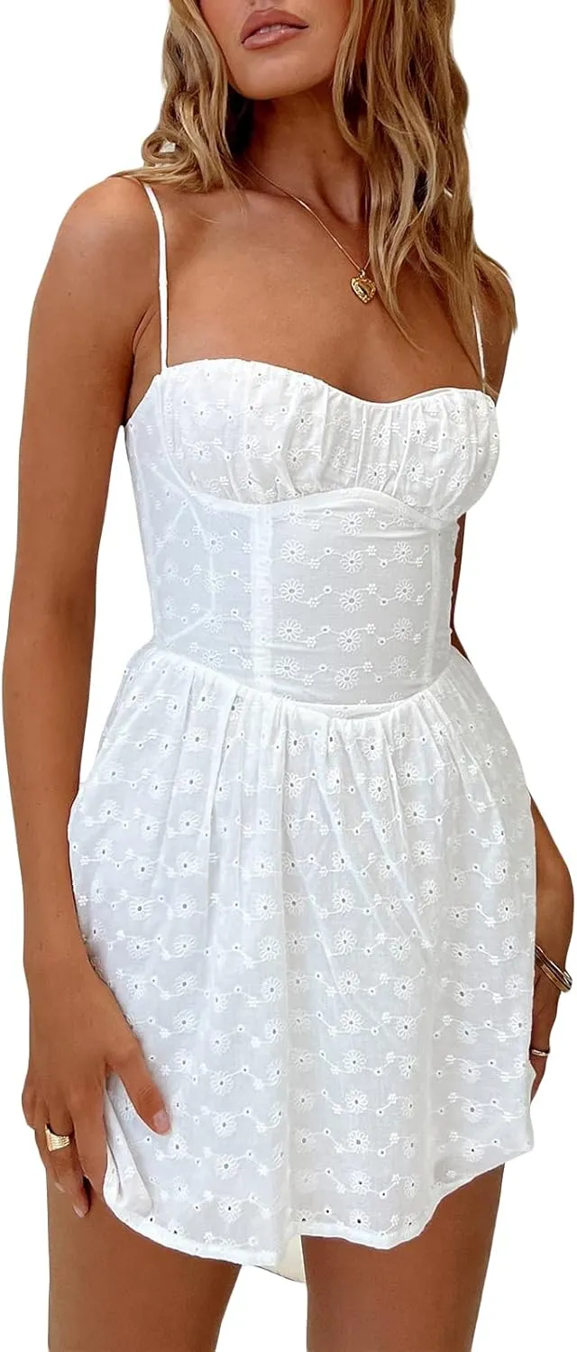 White Dress for Women Ruffle A Line Flowy Graduation Short Dress Cute Sweet Party Beach Y2K Mini Dresses Clubwear