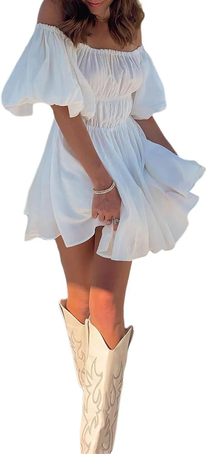 White Dress for Women Ruffle A Line Flowy Graduation Short Dress Cute Sweet Party Beach Y2K Mini Dresses Clubwear