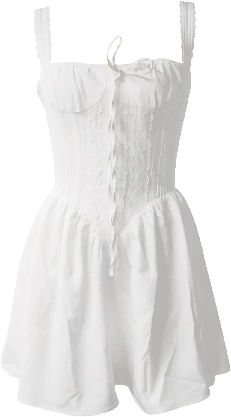 White Dress for Women Ruffle A Line Flowy Graduation Short Dress Cute Sweet Party Beach Y2K Mini Dresses Clubwear