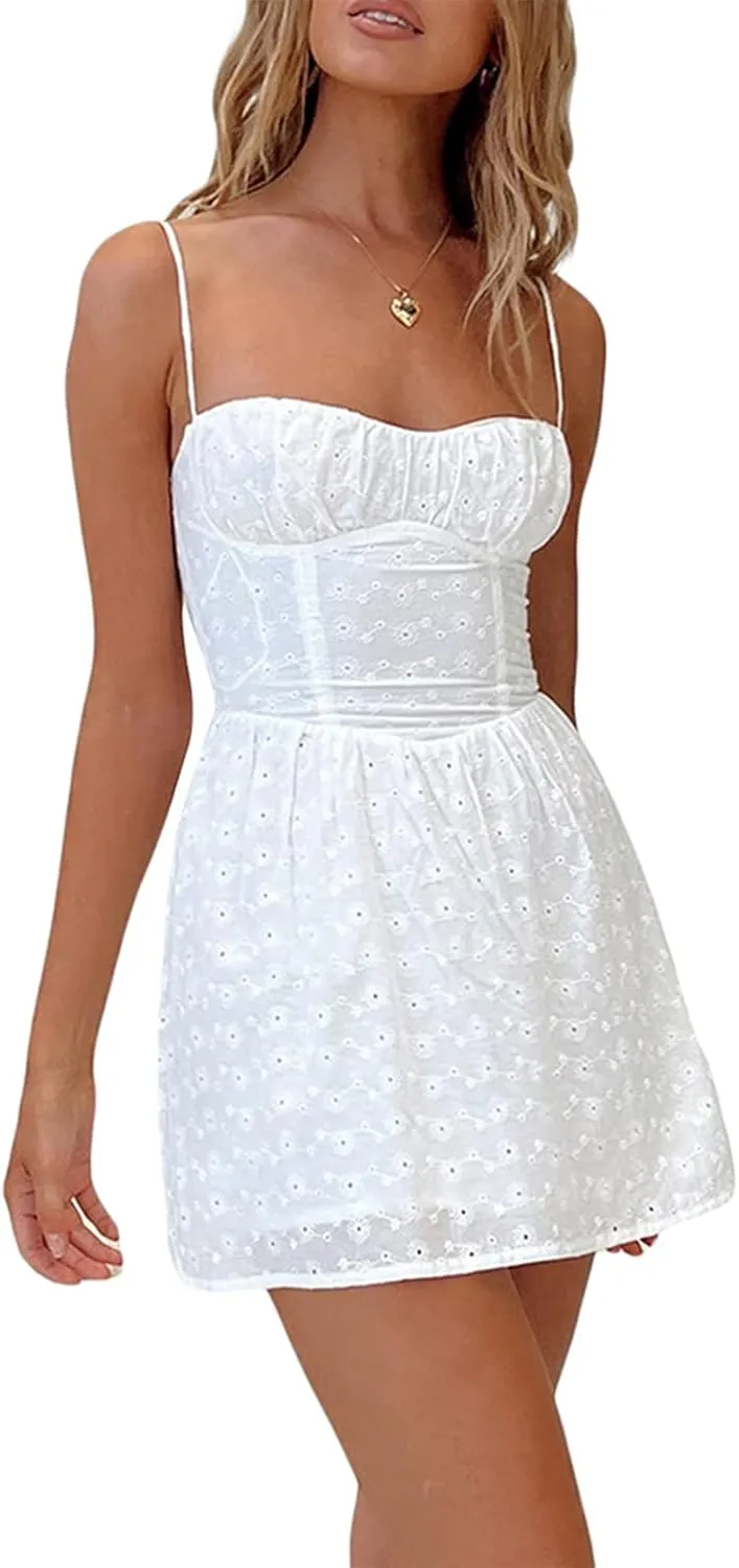 White Dress for Women Ruffle A Line Flowy Graduation Short Dress Cute Sweet Party Beach Y2K Mini Dresses Clubwear