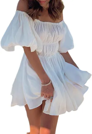 White Dress for Women Ruffle A Line Flowy Graduation Short Dress Cute Sweet Party Beach Y2K Mini Dresses Clubwear