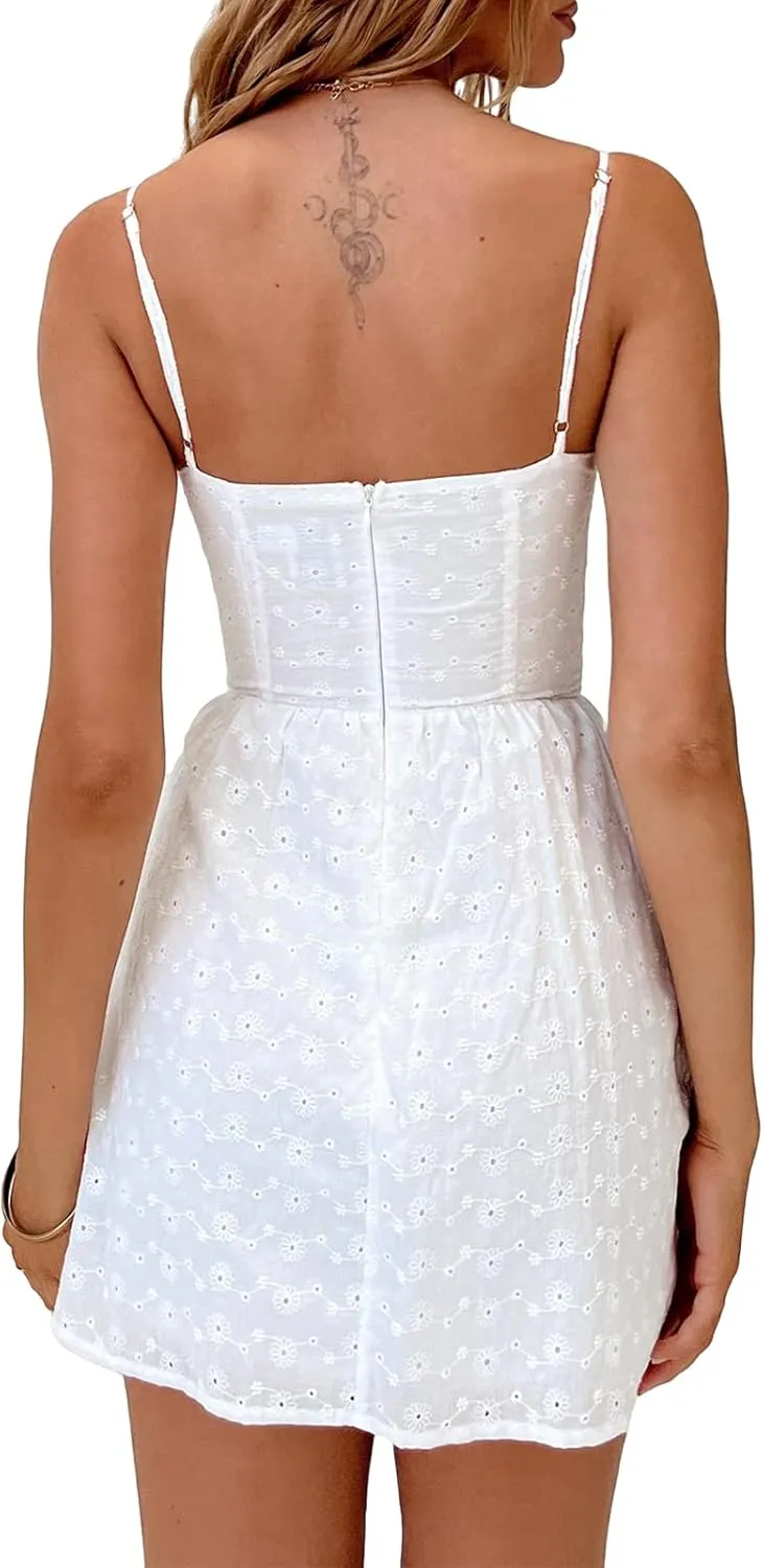 White Dress for Women Ruffle A Line Flowy Graduation Short Dress Cute Sweet Party Beach Y2K Mini Dresses Clubwear