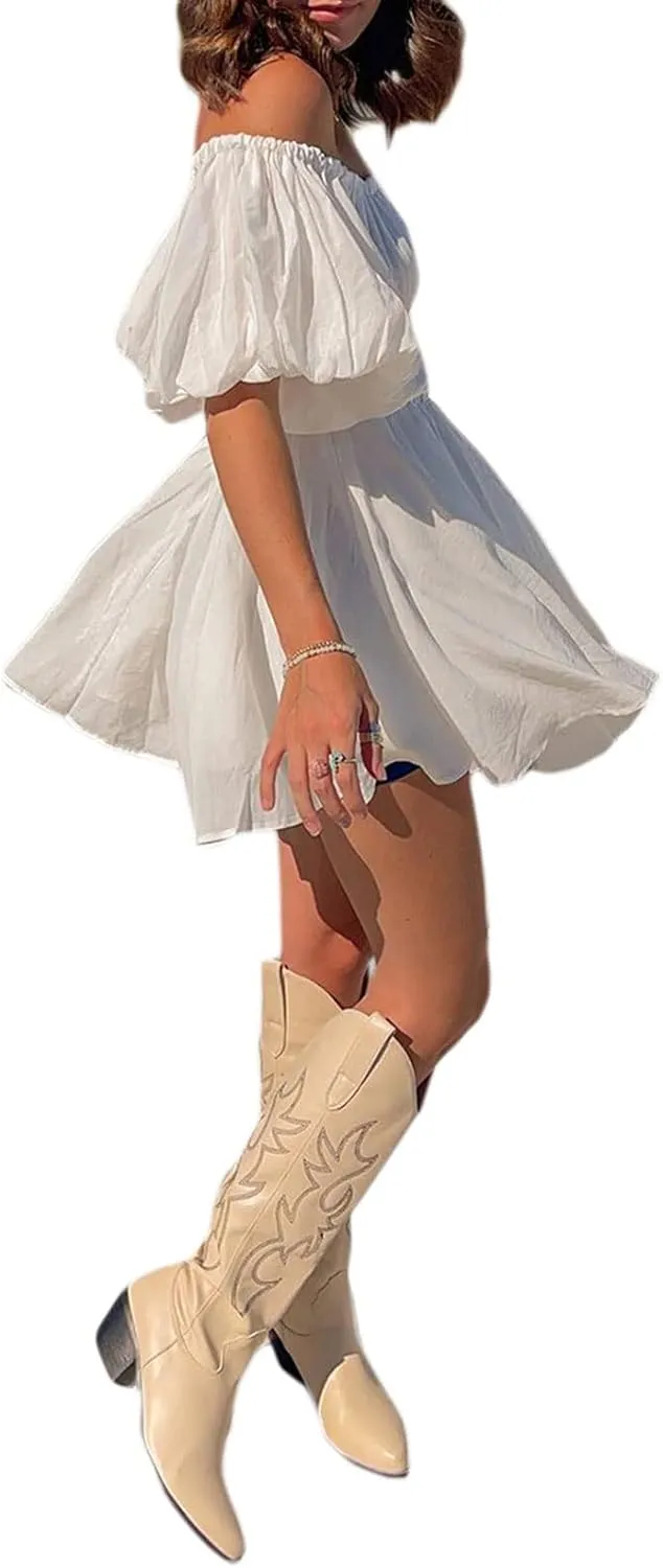 White Dress for Women Ruffle A Line Flowy Graduation Short Dress Cute Sweet Party Beach Y2K Mini Dresses Clubwear