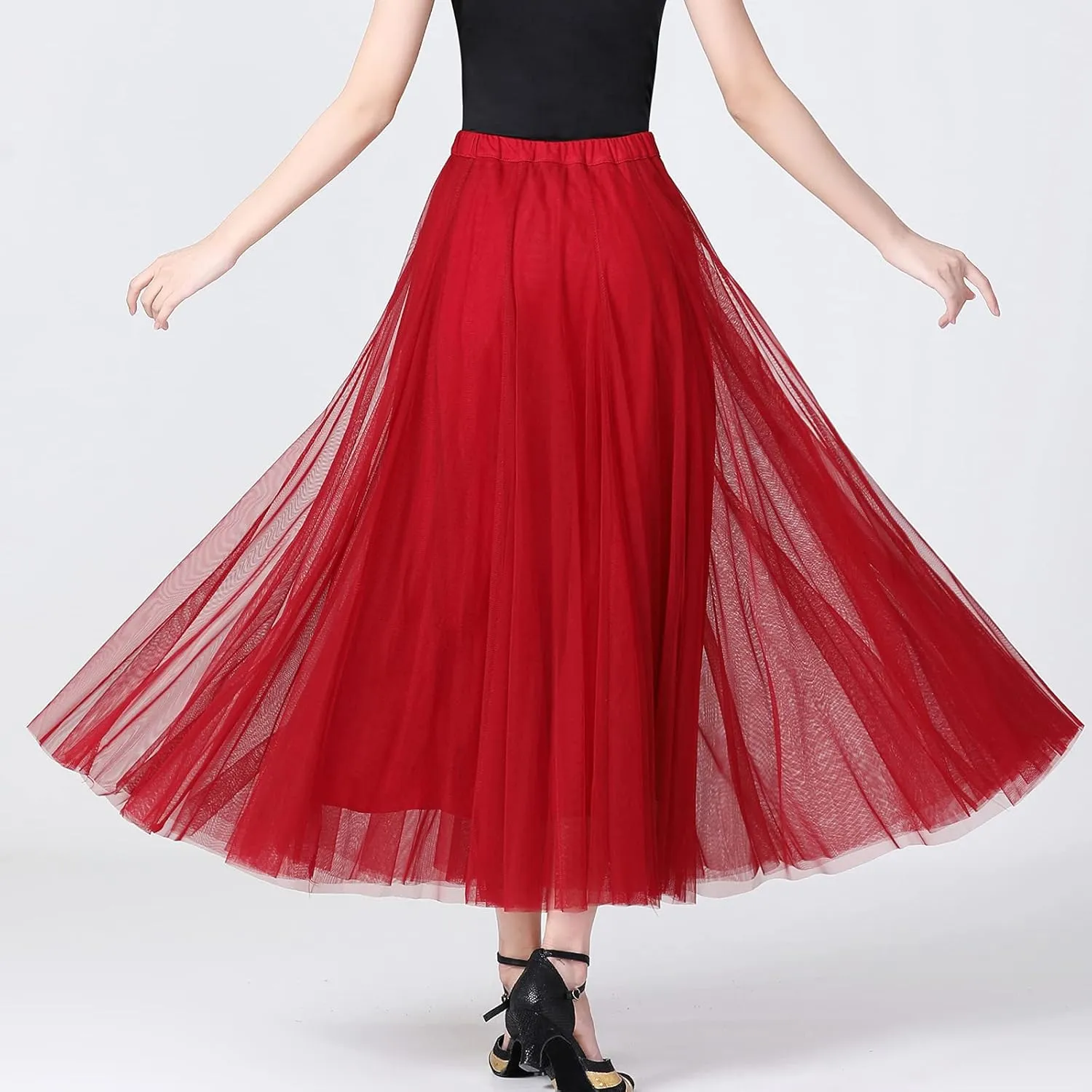 Whitewed Tulle Pleated Elastic Waist Long Latin Ballroom Dance Twirl Skirts Costumes