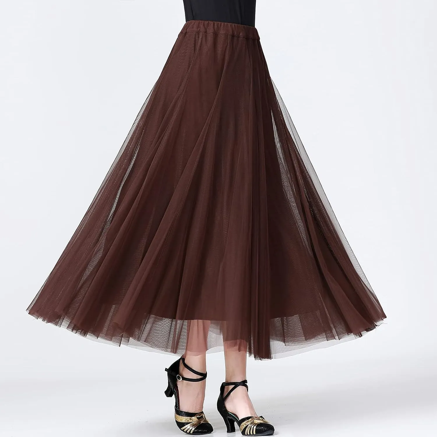 Whitewed Tulle Pleated Elastic Waist Long Latin Ballroom Dance Twirl Skirts Costumes