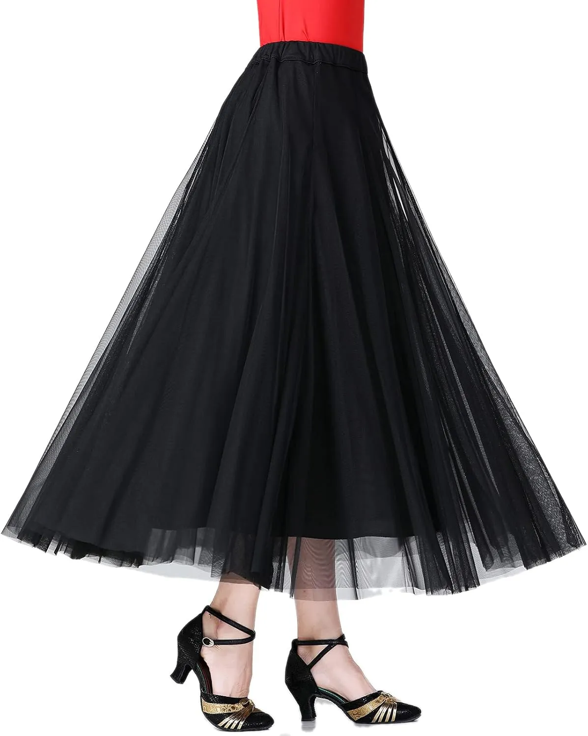 Whitewed Tulle Pleated Elastic Waist Long Latin Ballroom Dance Twirl Skirts Costumes