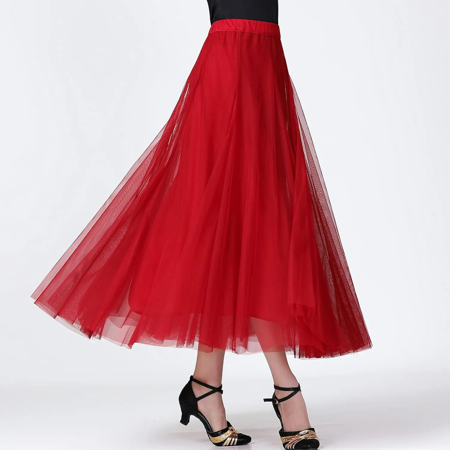 Whitewed Tulle Pleated Elastic Waist Long Latin Ballroom Dance Twirl Skirts Costumes