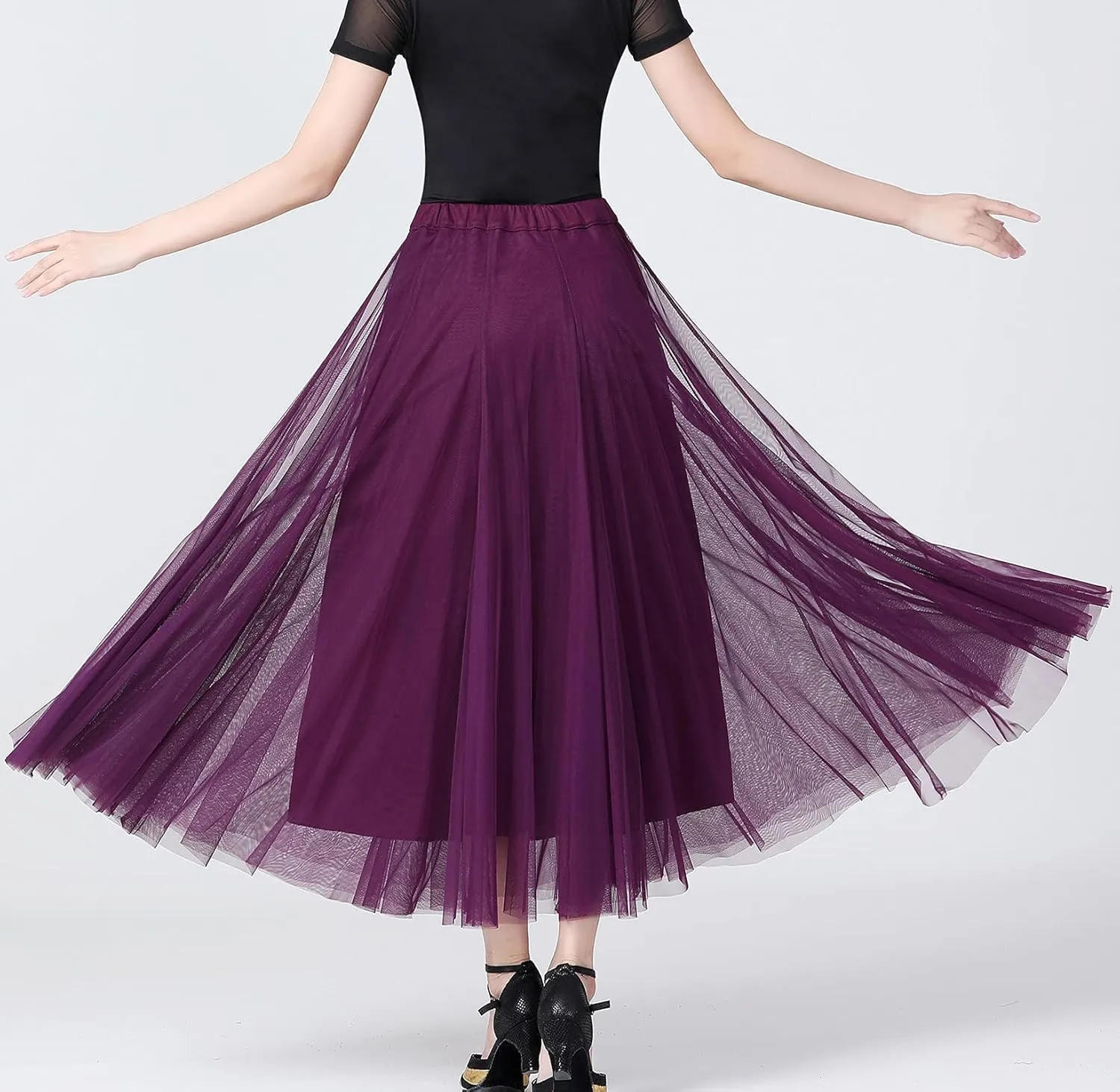Whitewed Tulle Pleated Elastic Waist Long Latin Ballroom Dance Twirl Skirts Costumes