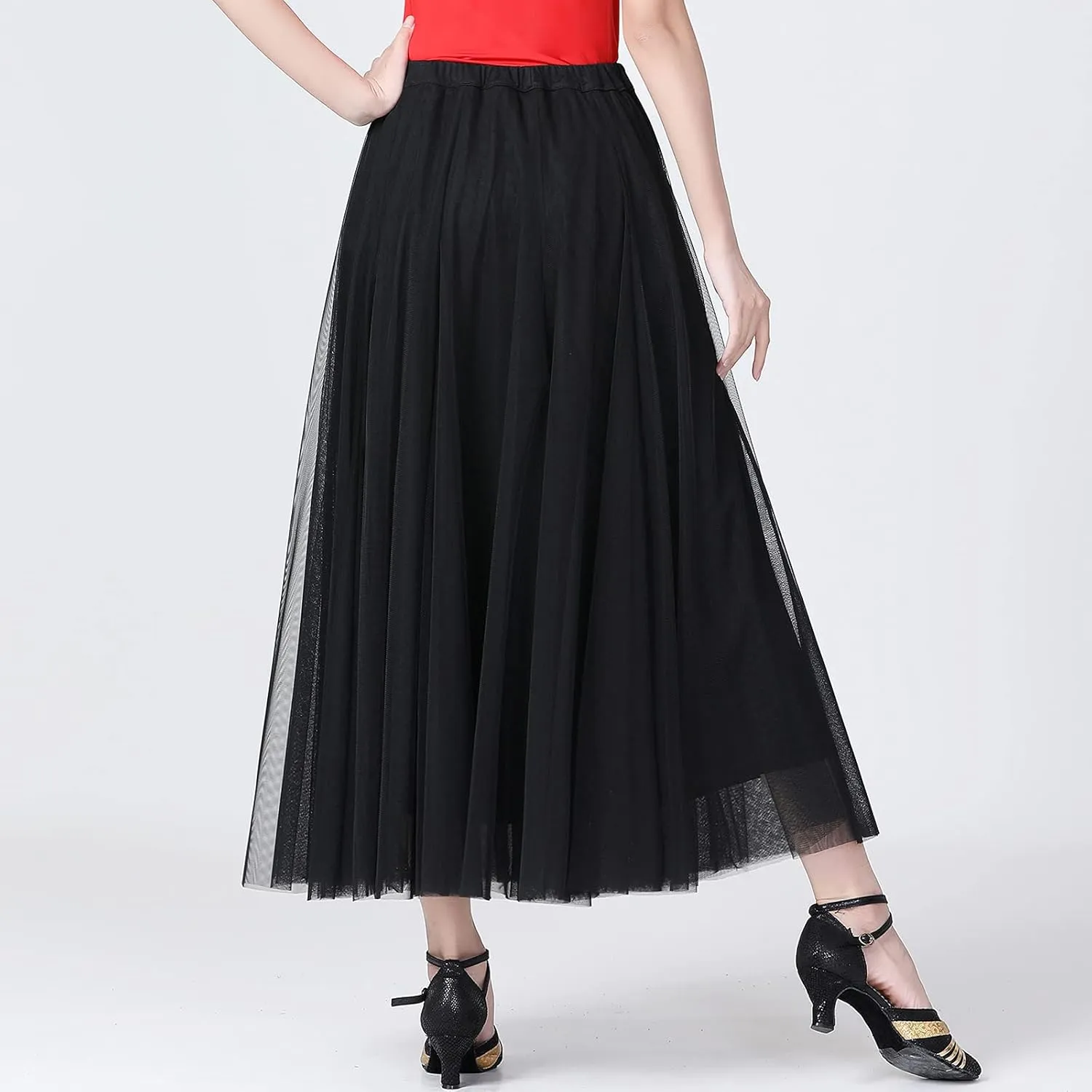 Whitewed Tulle Pleated Elastic Waist Long Latin Ballroom Dance Twirl Skirts Costumes