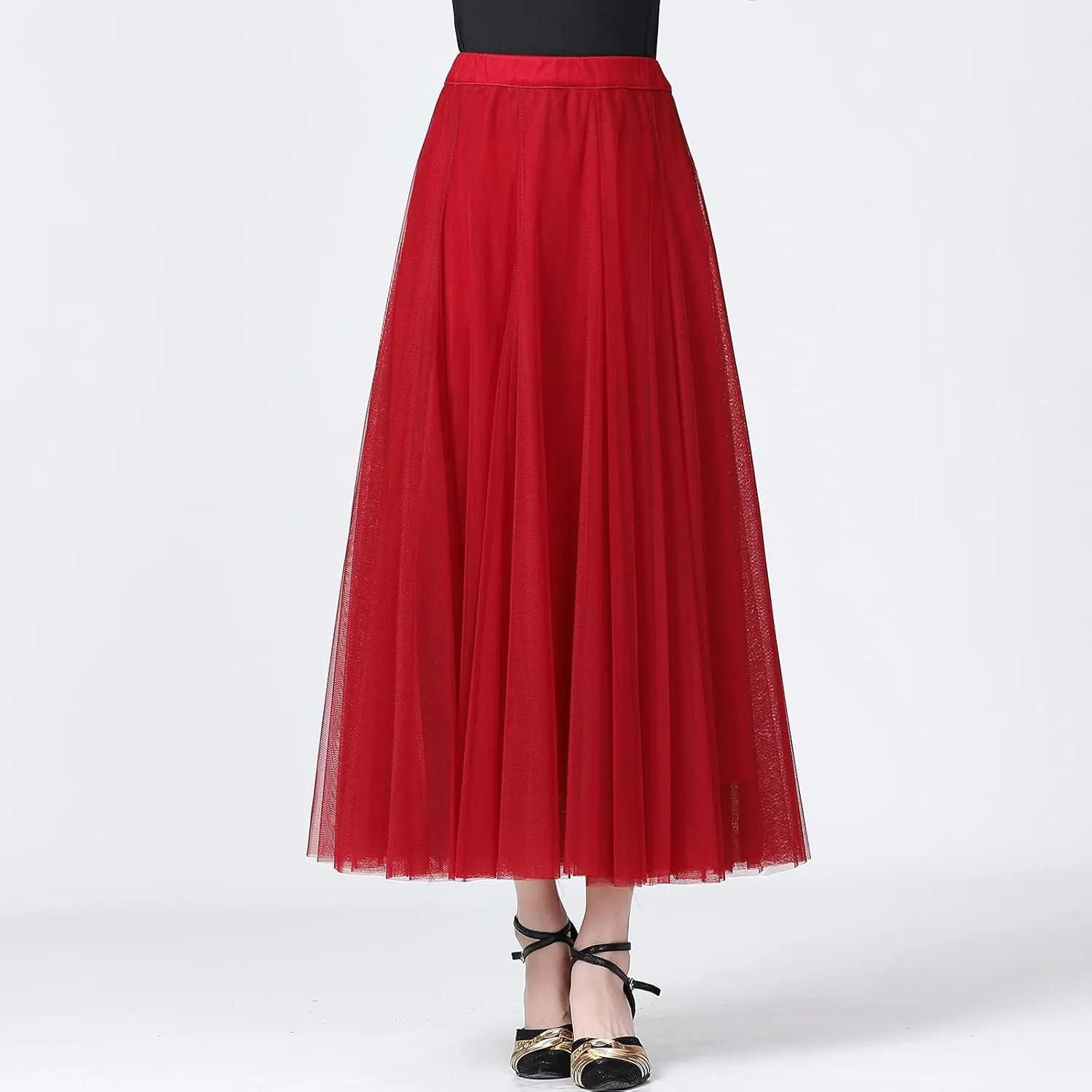 Whitewed Tulle Pleated Elastic Waist Long Latin Ballroom Dance Twirl Skirts Costumes