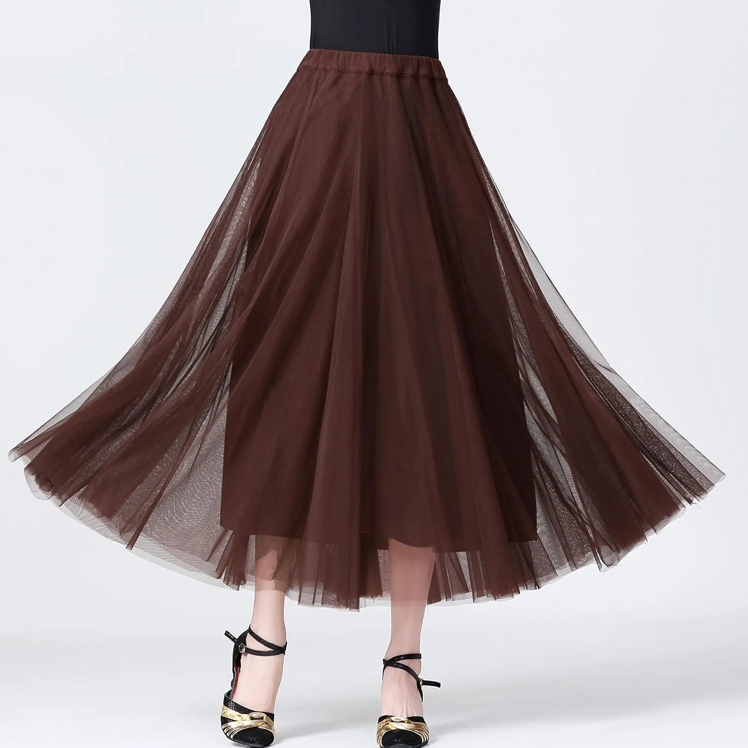 Whitewed Tulle Pleated Elastic Waist Long Latin Ballroom Dance Twirl Skirts Costumes