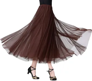 Whitewed Tulle Pleated Elastic Waist Long Latin Ballroom Dance Twirl Skirts Costumes