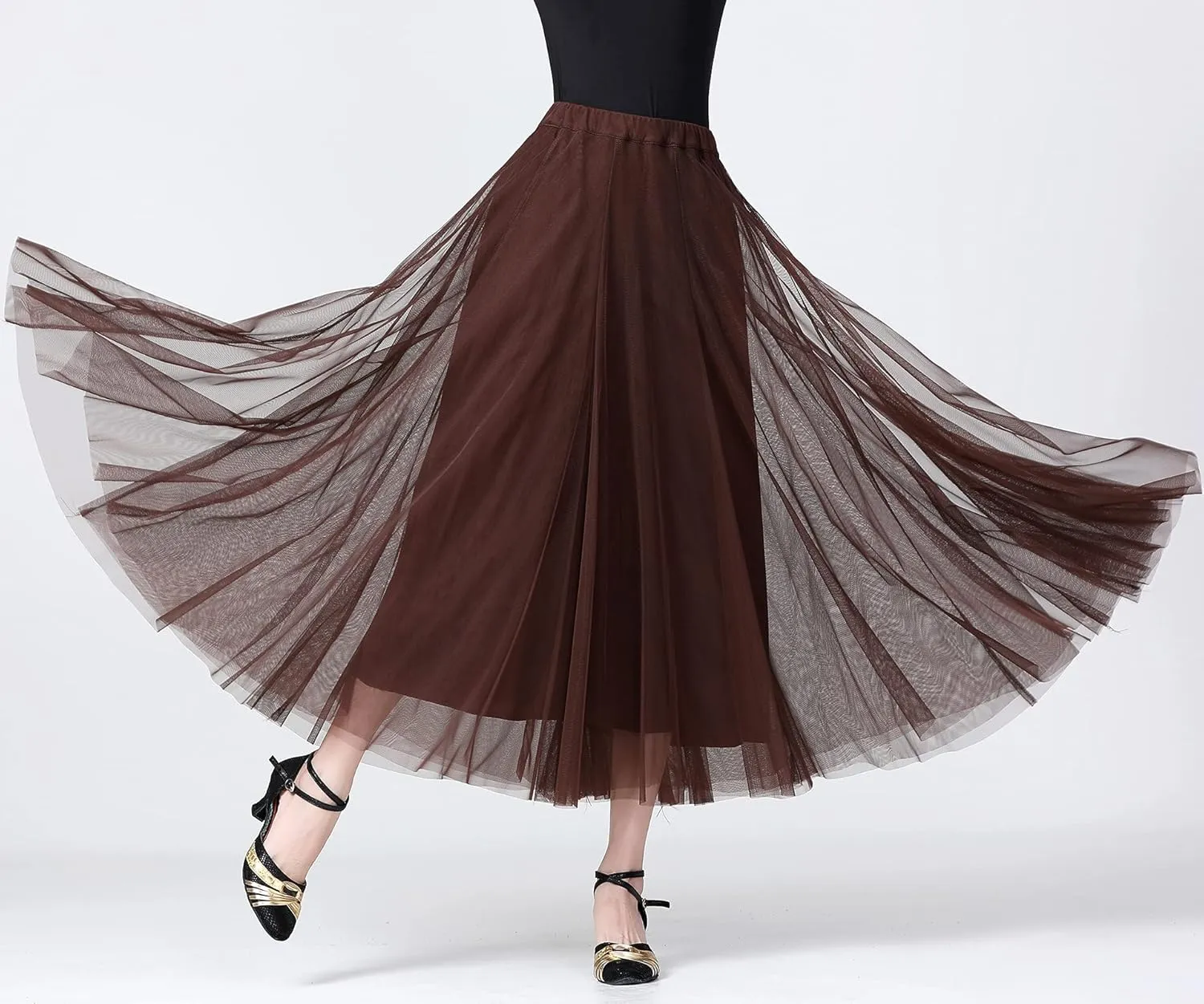 Whitewed Tulle Pleated Elastic Waist Long Latin Ballroom Dance Twirl Skirts Costumes