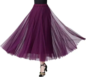 Whitewed Tulle Pleated Elastic Waist Long Latin Ballroom Dance Twirl Skirts Costumes