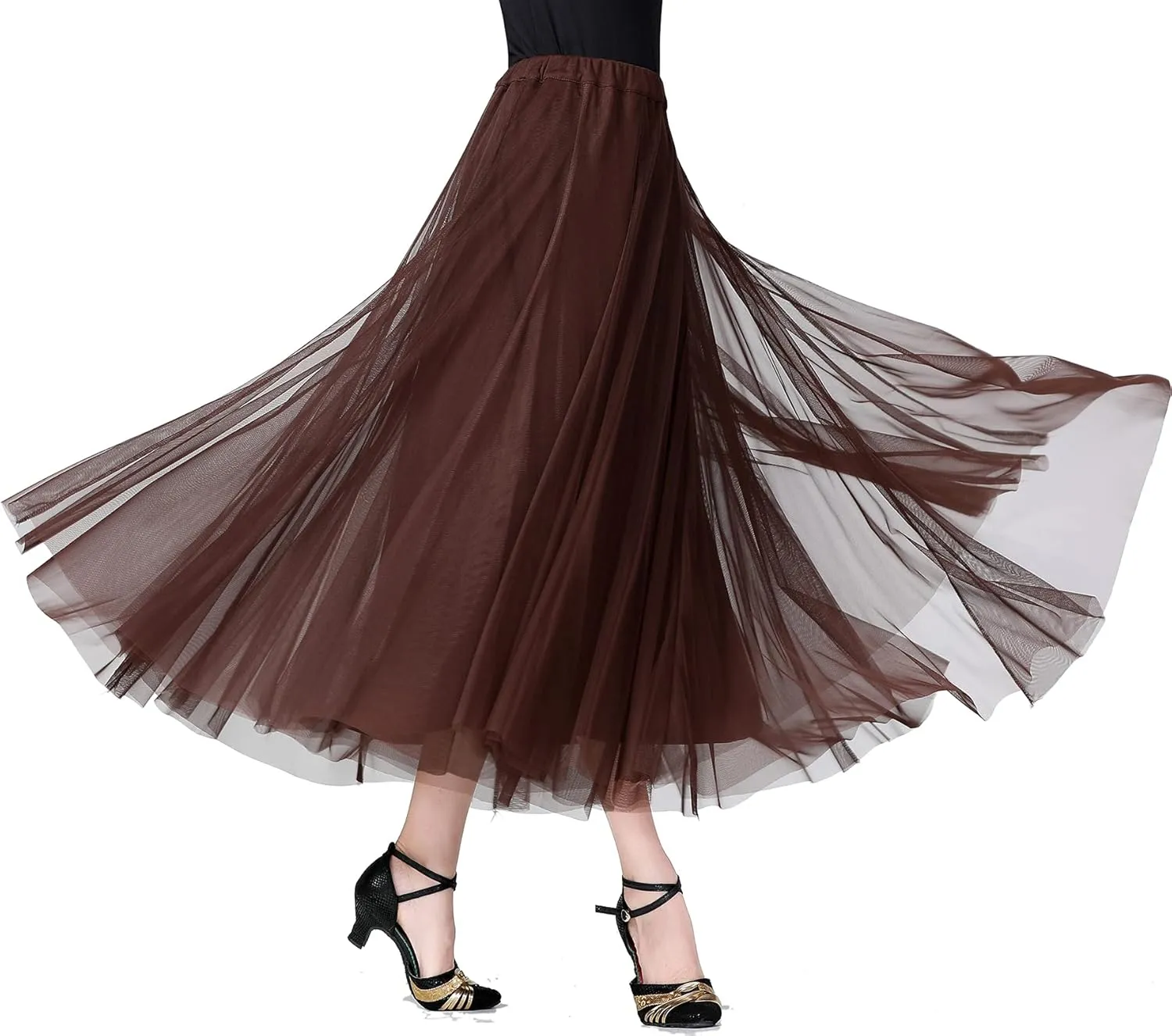 Whitewed Tulle Pleated Elastic Waist Long Latin Ballroom Dance Twirl Skirts Costumes