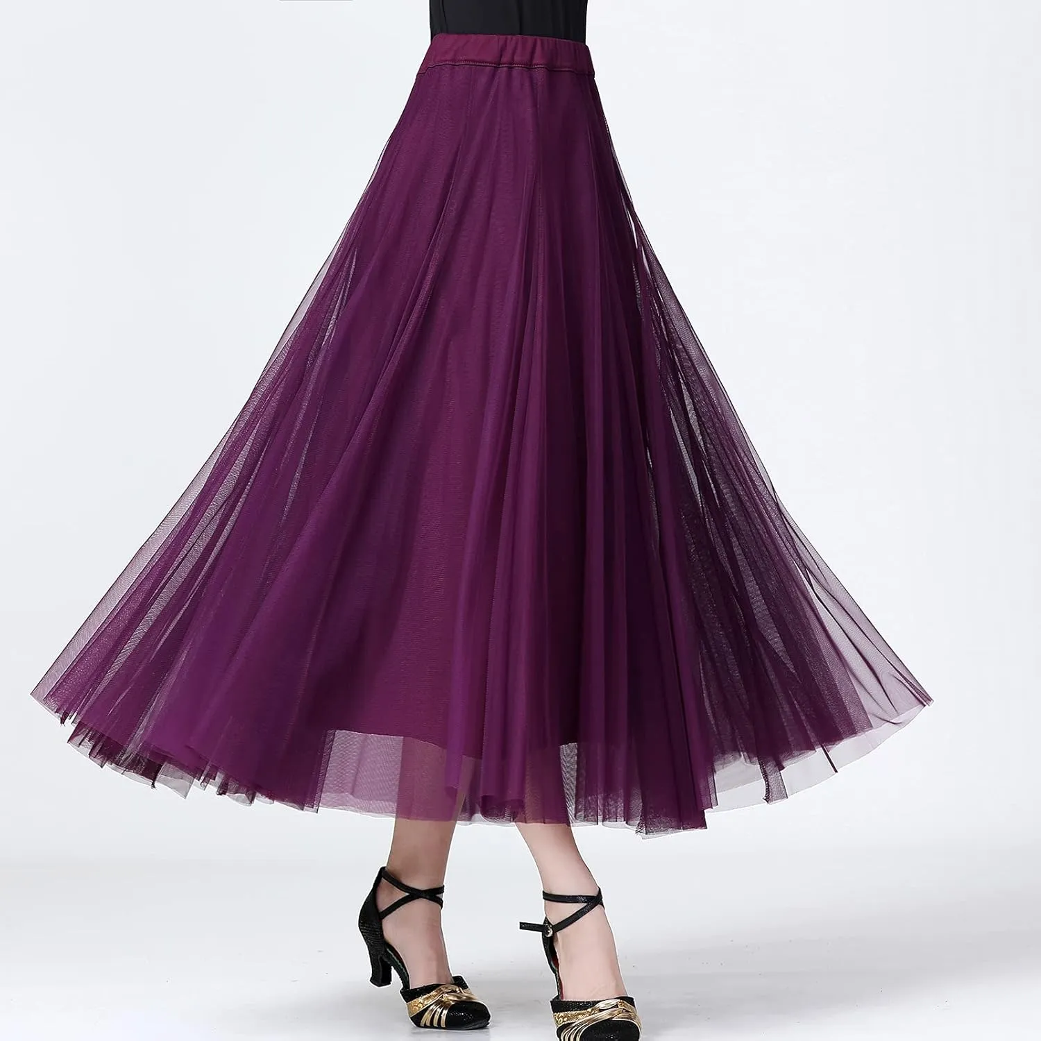 Whitewed Tulle Pleated Elastic Waist Long Latin Ballroom Dance Twirl Skirts Costumes