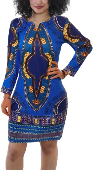 Women Bohemian V Neck African Printed Ethnic Style Summer Bodycon Shift Dress