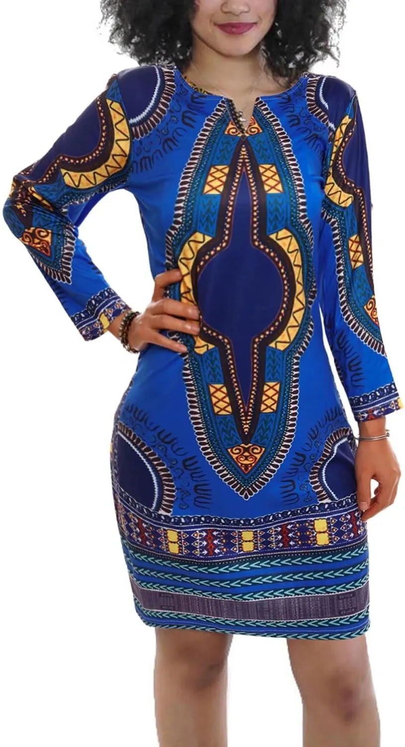 Women Bohemian V Neck African Printed Ethnic Style Summer Bodycon Shift Dress
