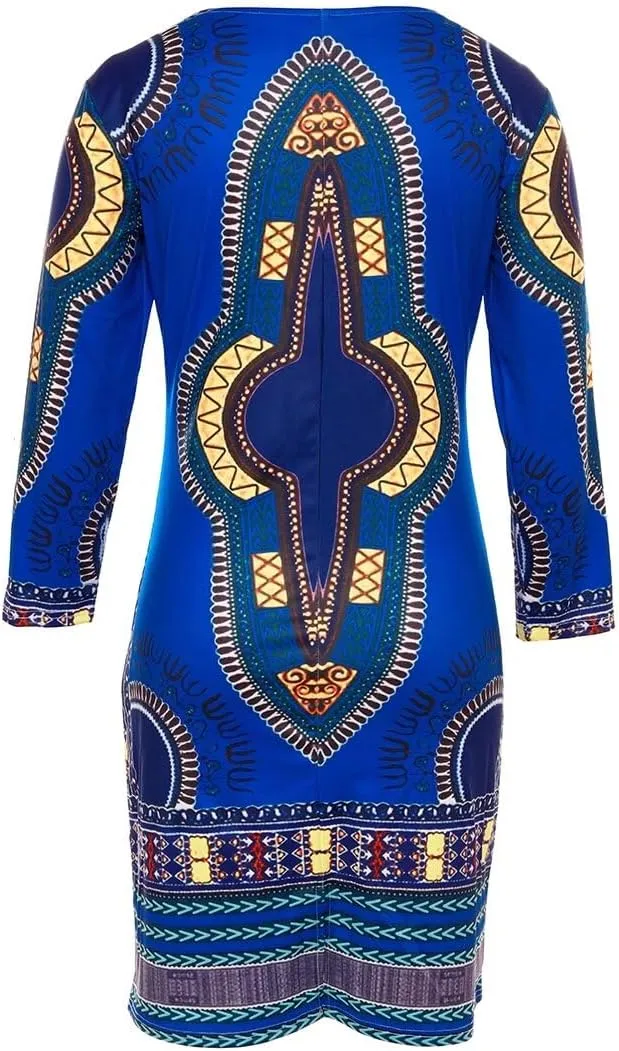 Women Bohemian V Neck African Printed Ethnic Style Summer Bodycon Shift Dress