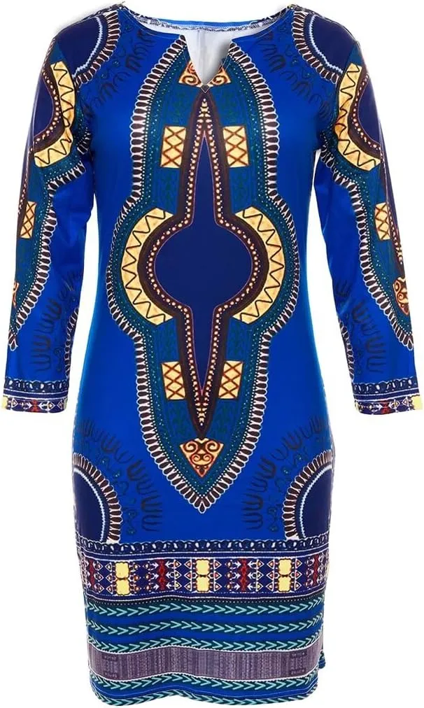 Women Bohemian V Neck African Printed Ethnic Style Summer Bodycon Shift Dress