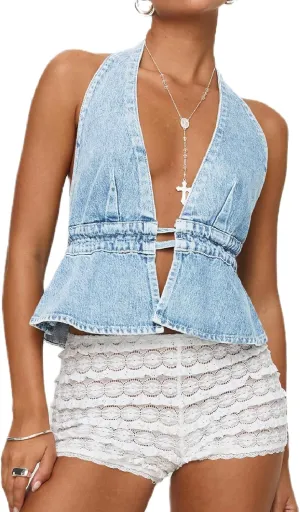 Women Sexy Backless Denim Vest Deep V Neck Sleeveless Tie Up Ruffle Hem Halter Jean Vest Slim Fitted Crop Top