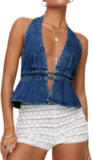 Women Sexy Backless Denim Vest Deep V Neck Sleeveless Tie Up Ruffle Hem Halter Jean Vest Slim Fitted Crop Top