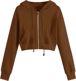 Womens Cropped Hoodies Trendy Fall Solid Drawstring Full Zip Sweatshirts Oversized Long Sleeve Outfits