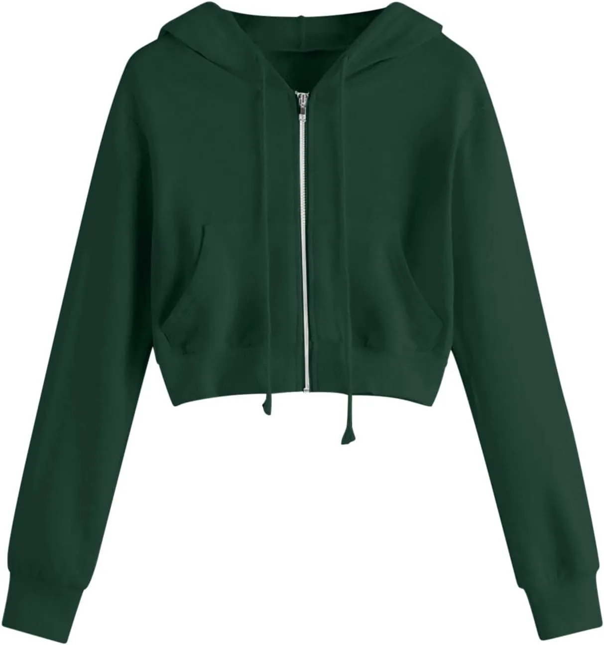 Womens Cropped Hoodies Trendy Fall Solid Drawstring Full Zip Sweatshirts Oversized Long Sleeve Outfits