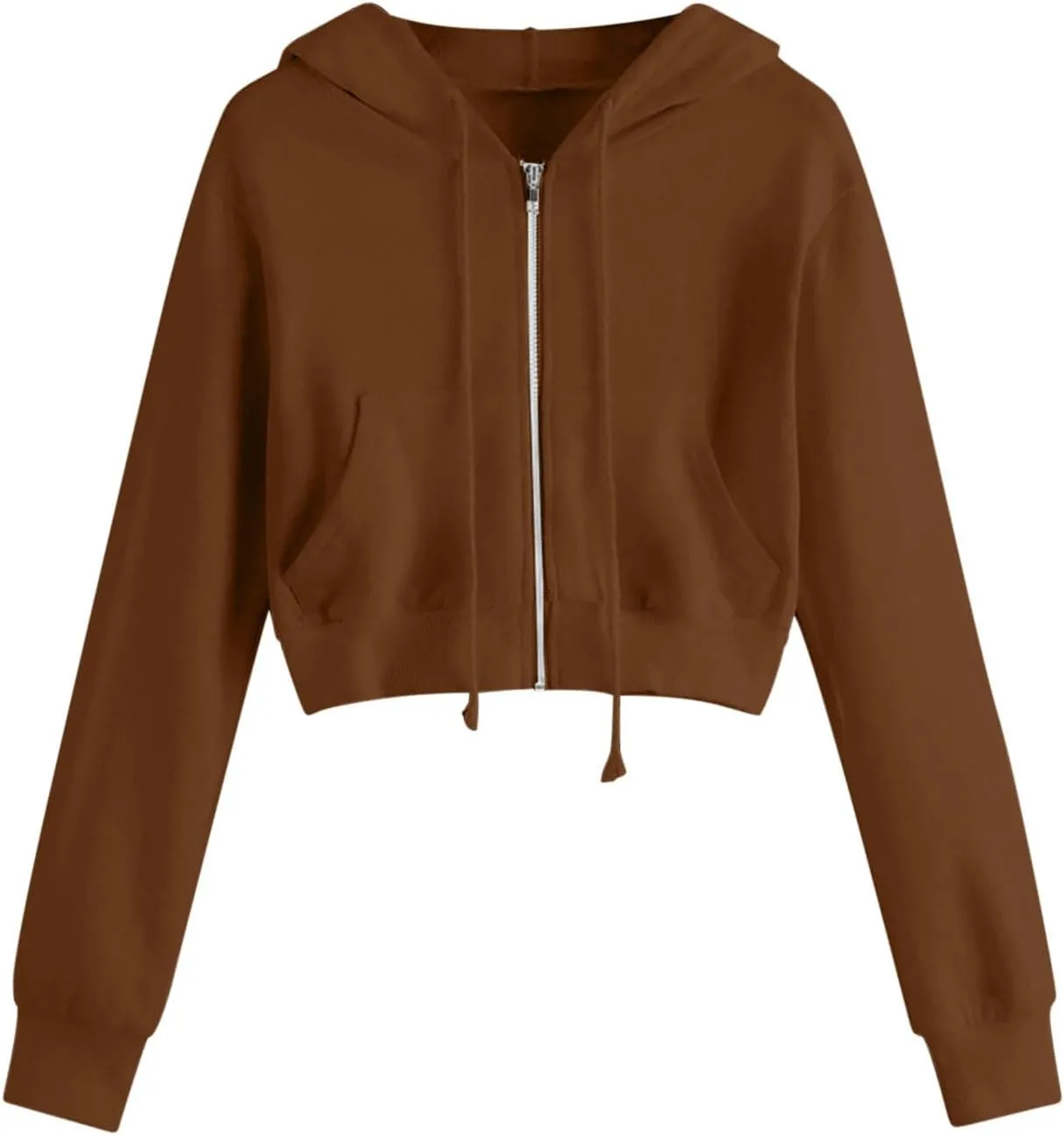 Womens Cropped Hoodies Trendy Fall Solid Drawstring Full Zip Sweatshirts Oversized Long Sleeve Outfits