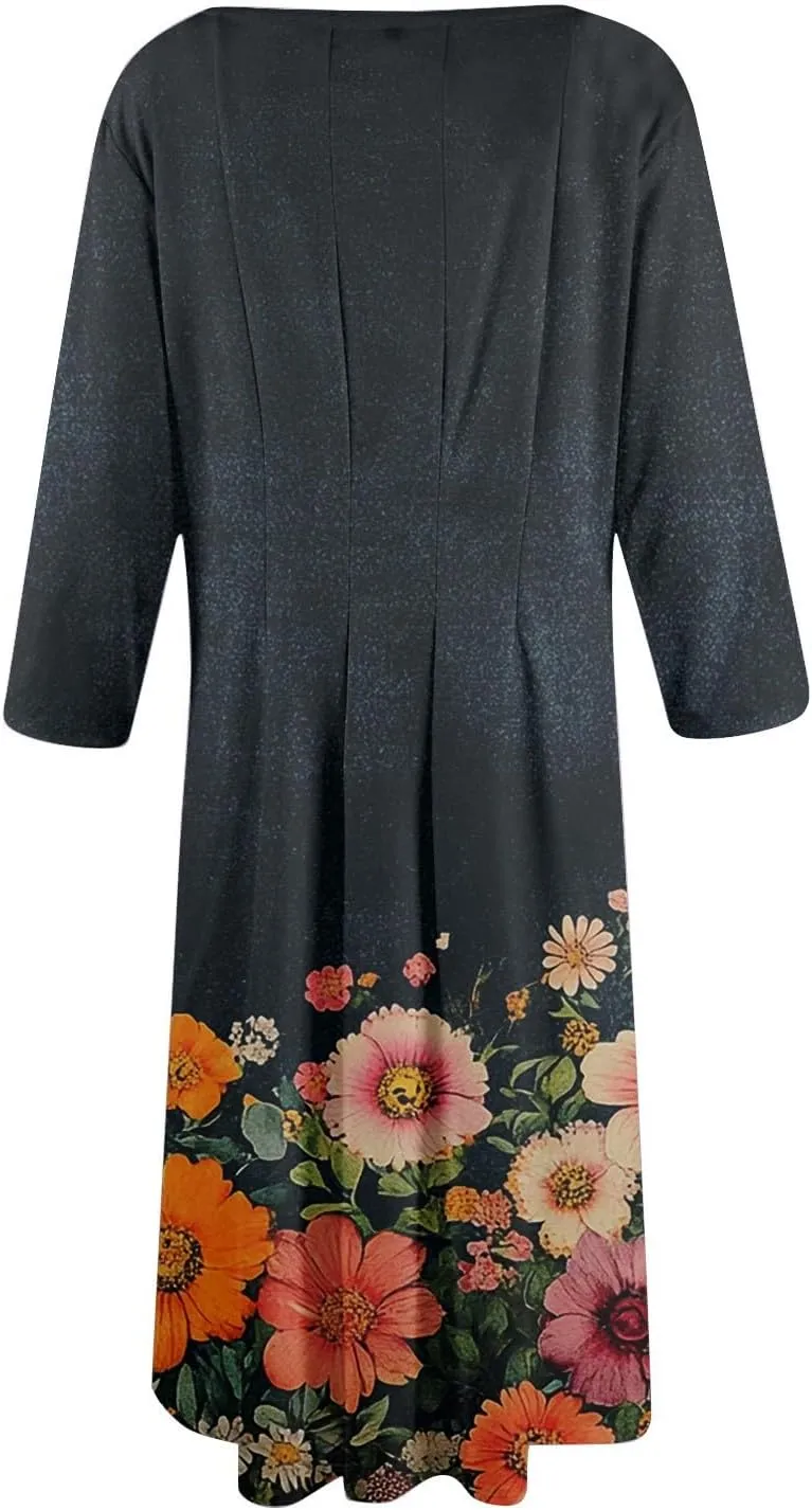 Women's Cruise Outfits 2025 Summer Casual Loose Trendy 3/4 Sleeve Floral Print Midi Dress Plus Size, S-3XL