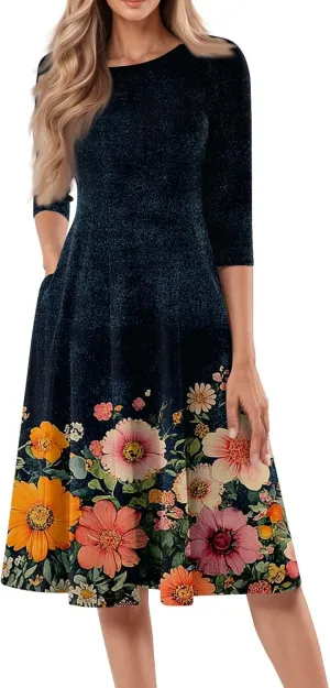 Women's Cruise Outfits 2025 Summer Casual Loose Trendy 3/4 Sleeve Floral Print Midi Dress Plus Size, S-3XL