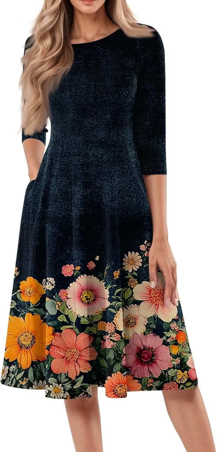 Women's Cruise Outfits 2025 Summer Casual Loose Trendy 3/4 Sleeve Floral Print Midi Dress Plus Size, S-3XL